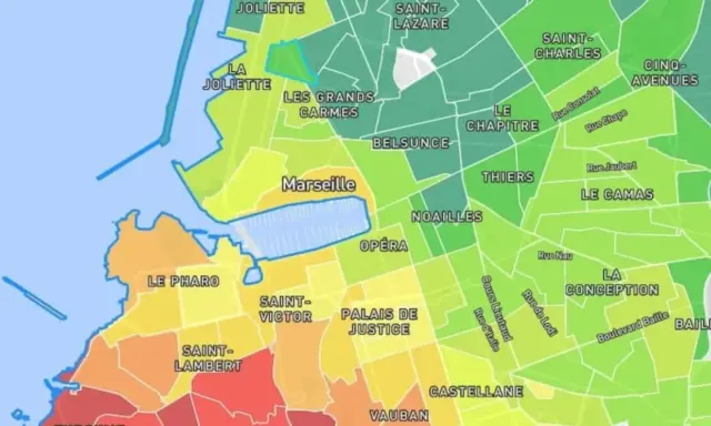 Carte des quartiers de Marseille, avec des couleurs indiquant des zones. La Joliette et Les Grands Carmes semblent être le meilleur quartier marseille.