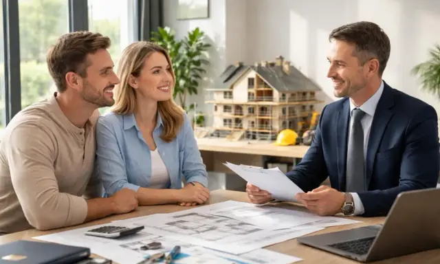 Couple souriant discutant avec un conseiller financier devant une maquette de maison. Ils s'informent sur le délai entre acceptation offre de prêt et déblocage des fonds.
