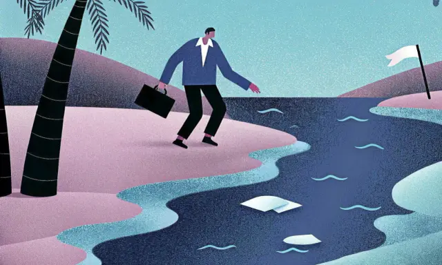 Un homme d'affaires avec une mallette hésite à traverser une rivière, symbolisant les défis de la résidence de tourisme fiscalité.