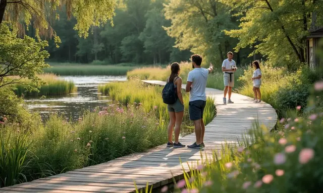 Promenade en bois dans une zone naturelle luxuriante. La jurisprudence construction en zone naturelle est respectée, permettant l'accès à ce paysage paisible.
