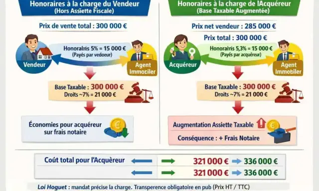 Comparaison des calculs de frais d'agence immobilière : honoraires à la charge du vendeur vs. acquéreur, impact sur le coût total.