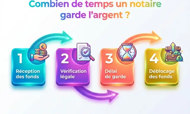Schéma : réception fonds, vérification légale, délai de garde, déblocage fonds. Le délai paiement après signature acte de vente est illustré.