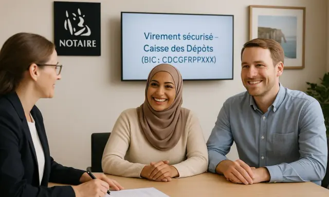 Un couple discute avec un notaire. Le notaire explique à quoi sert son rôle, notamment pour sécuriser des transactions.