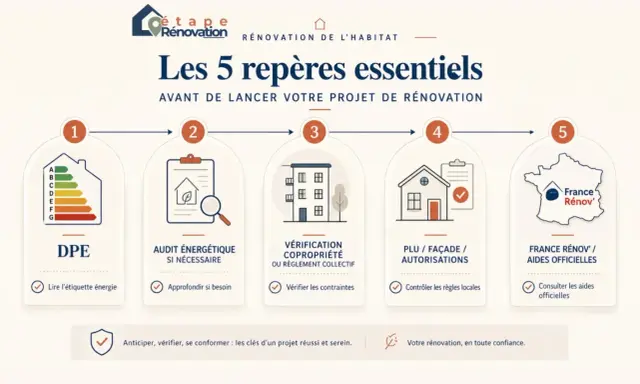 Les 5 étapes clés pour un projet de pret renovation habitat réussi : DPE, audit énergétique, vérification copropriété, PLU/façade, et aides France Rénov'.
