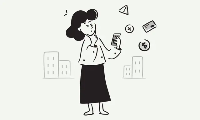 Femme perplexe devant son téléphone, entourée d'icônes : argent, carte, croix, alerte. Elle semble gérer une assignation au tribunal pour loyers impayés.