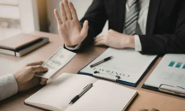 Un homme en costume refuse de l'argent, peut-être pour éviter des refus de banque pour annuler un compromis.