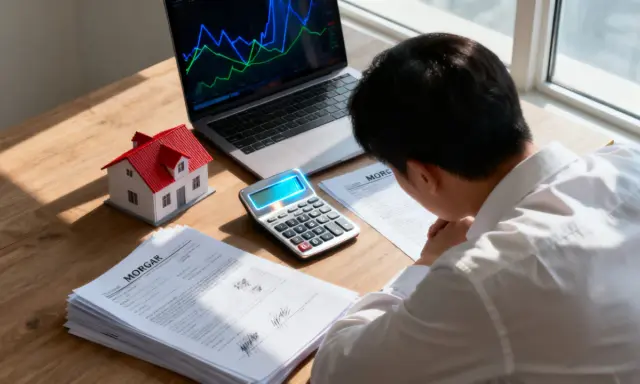 Un homme examine des documents de contrat de prêt immobilier, une calculatrice et un modèle de maison sur son bureau.