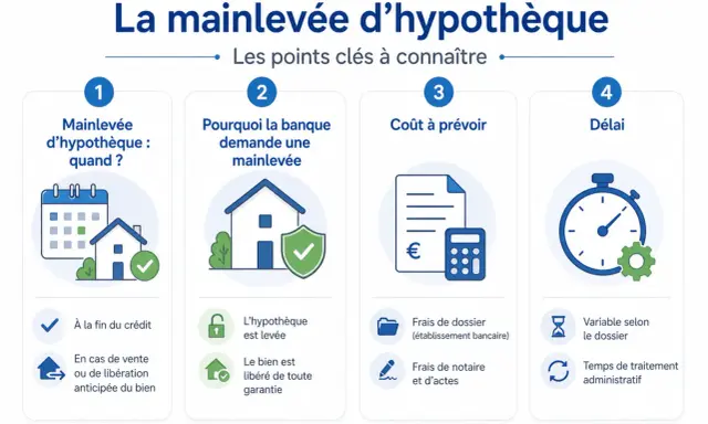 Infographie expliquant la levée d'hypothèque automatique : quand, pourquoi, coût et délai.