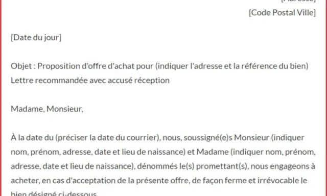 Exemple d'offre d'achat immobilier. Ce document officiel détaille une proposition ferme et irrévocable pour l'acquisition d'un bien.