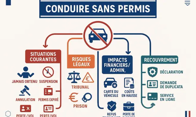 Infographie sur les risques de conduire sans permis : situations courantes, risques légaux, impacts financiers et recouvrement. Pas de permis, pas de préau !