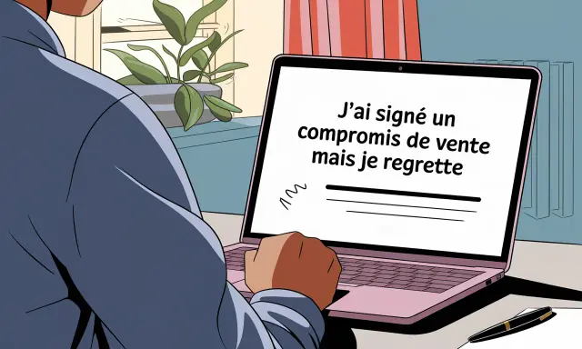 Un homme regarde son ordinateur portable affichant "J'ai signé un compromis de vente mais je regrette". Il semble avoir des remords.