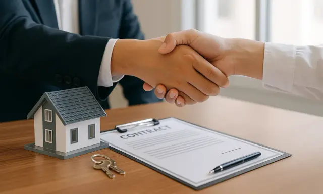 Poignée de main sur un contrat, avec une maquette de maison et des clés. Accord pour louer sa résidence principale.