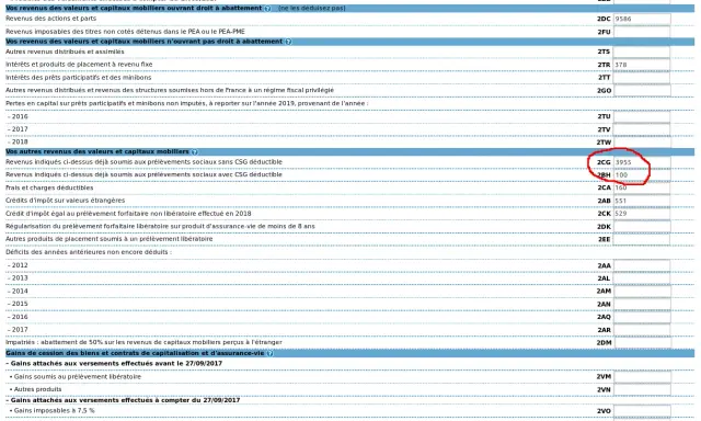Revenus mobiliers avec CSG déductible (2CG 3955) et autres produits (2BH 100). Case 20P à cocher pour option fiscale.