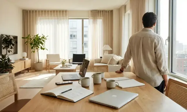 Un homme regarde par la fenêtre d'un appartement lumineux. Sur la table, des ordinateurs portables et des carnets suggèrent la signature d'un pap contrat de location meublé.
