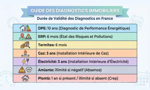 Guide des diagnostics immobiliers : durée de validité des DPE, ERP, termites, gaz, électricité, amiante et plomb. Un diagnostic immobilier offert par agence.
