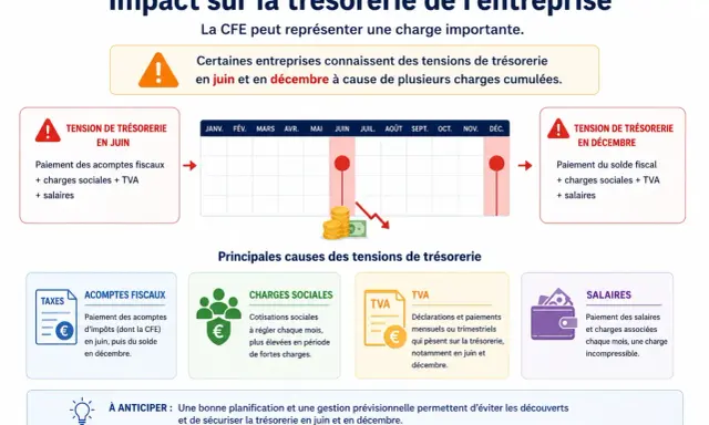 La CFE et les charges sociales pèsent sur la trésorerie en juin et décembre. L'image montre les causes des tensions : acomptes fiscaux, cotisations sociales, TVA et salaires.