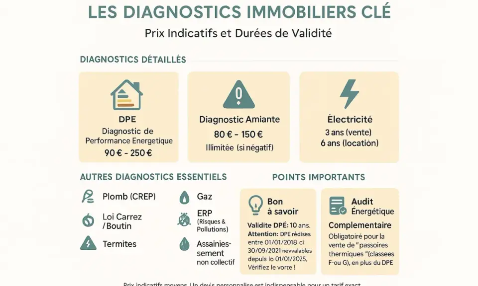 Tableau des diagnostics immobiliers : DPE, amiante, électricité, plomb (CREP), gaz, ERP, termites, assainissement. Prix indicatifs et durées de validité. Audit énergétique.