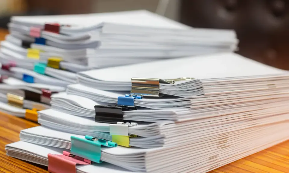 Piles de documents, certains reliés par des pinces colorées, prêts pour le service de la publicité foncière.