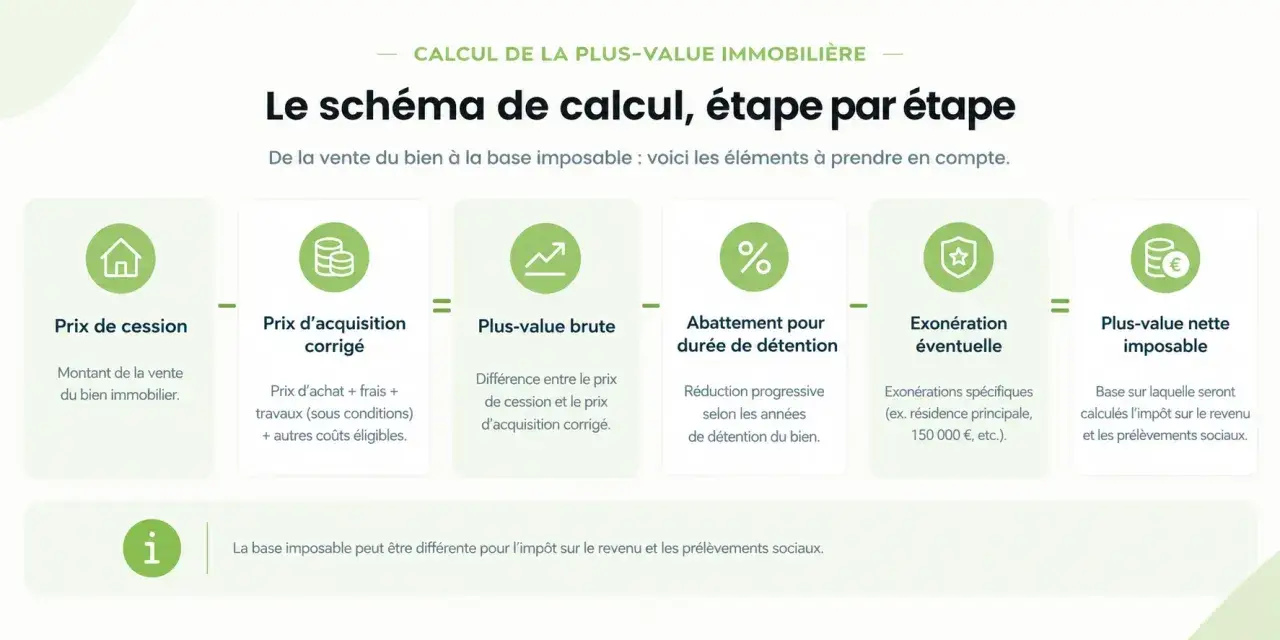 Schéma du calcul de la plus-value immobilière : prix de cession, prix d'acquisition corrigé, plus-value brute, abattement, exonération, et plus-value nette imposable.