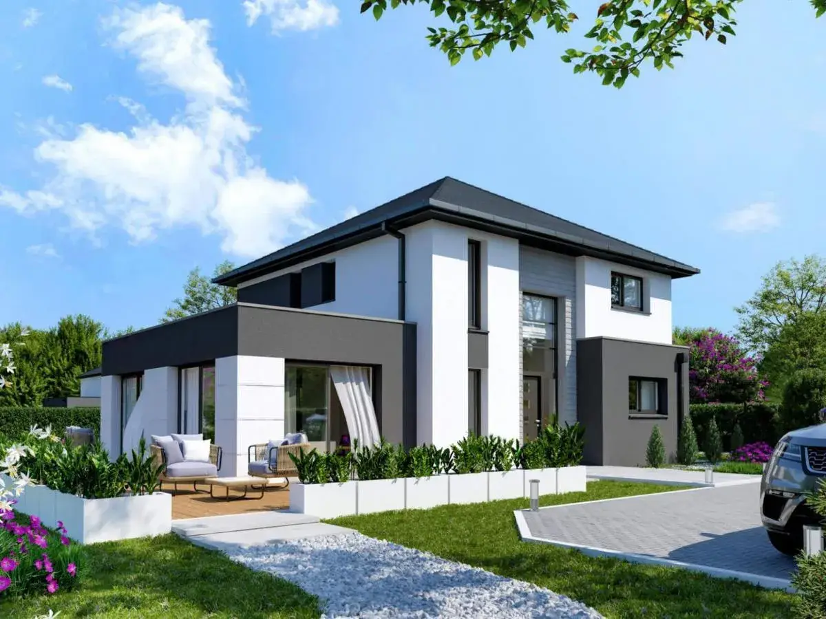 Maison moderne blanche et grise avec terrasse, jardin et allée. Idéal pour estimer le prix construction maison.