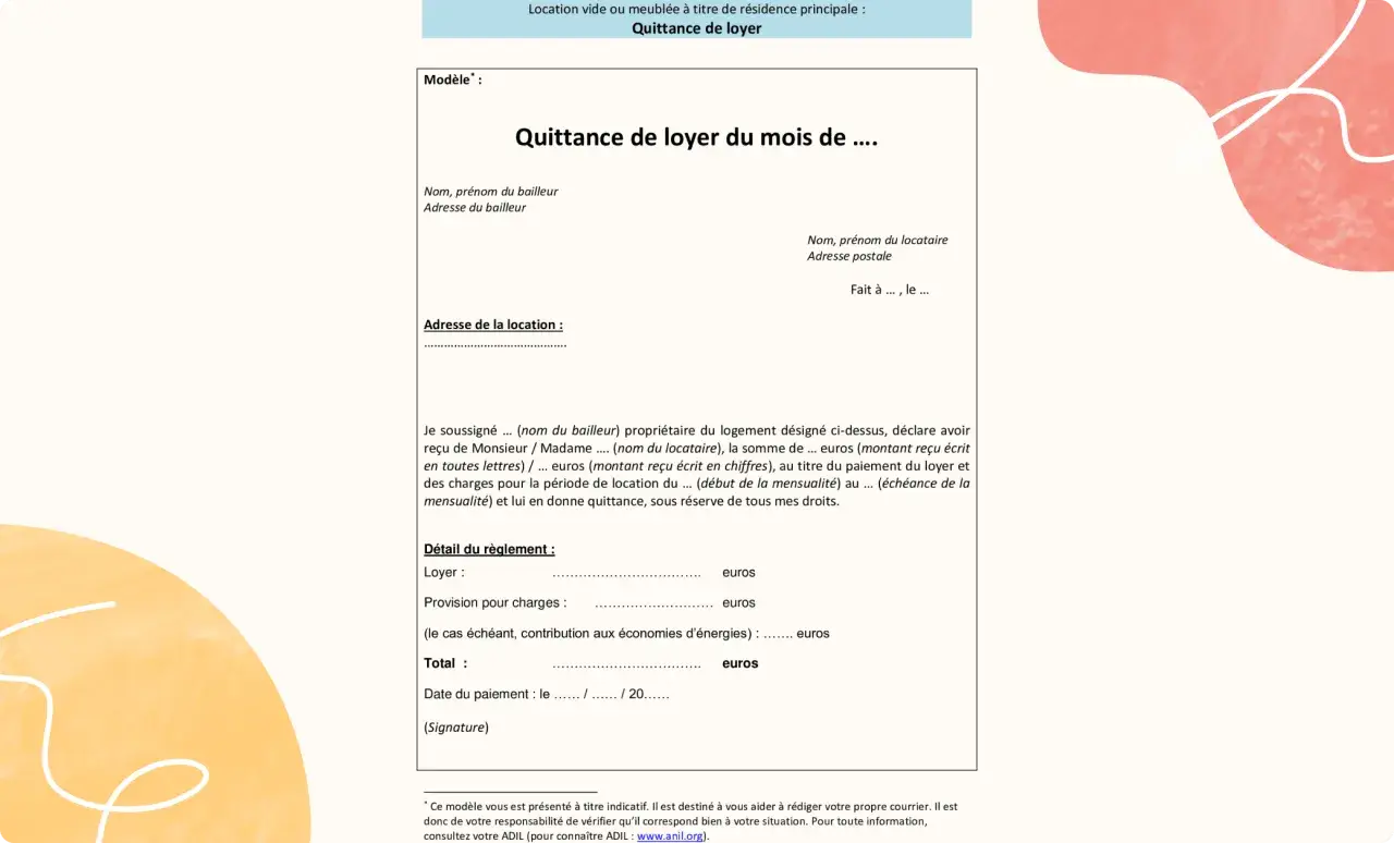Modèle de quittance de loyer pour le mois de ... avec détails du règlement (loyer, charges, total) et espace pour signature.