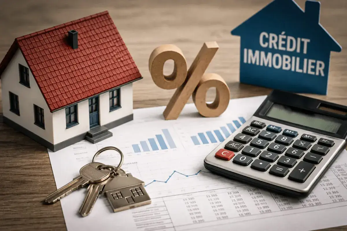 Maison, clés, calculatrice et symbole pour cent sur des graphiques financiers. Une opportunité pour une baisse des taux immobilier.