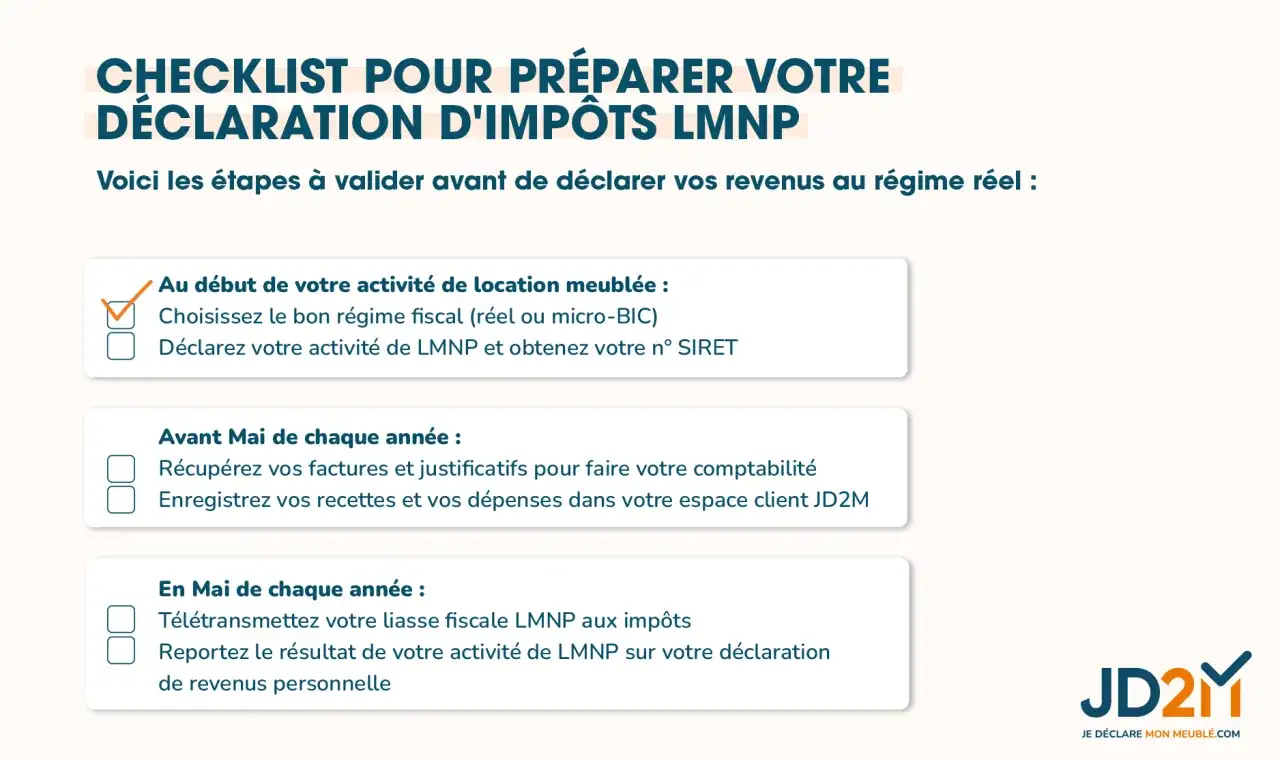 Checklist pour pr&eacute;parer votre d&eacute;claration d'imp&ocirc;ts LMNP. Guide des &eacute;tapes pour une d&eacute;claration en ligne r&eacute;ussie.