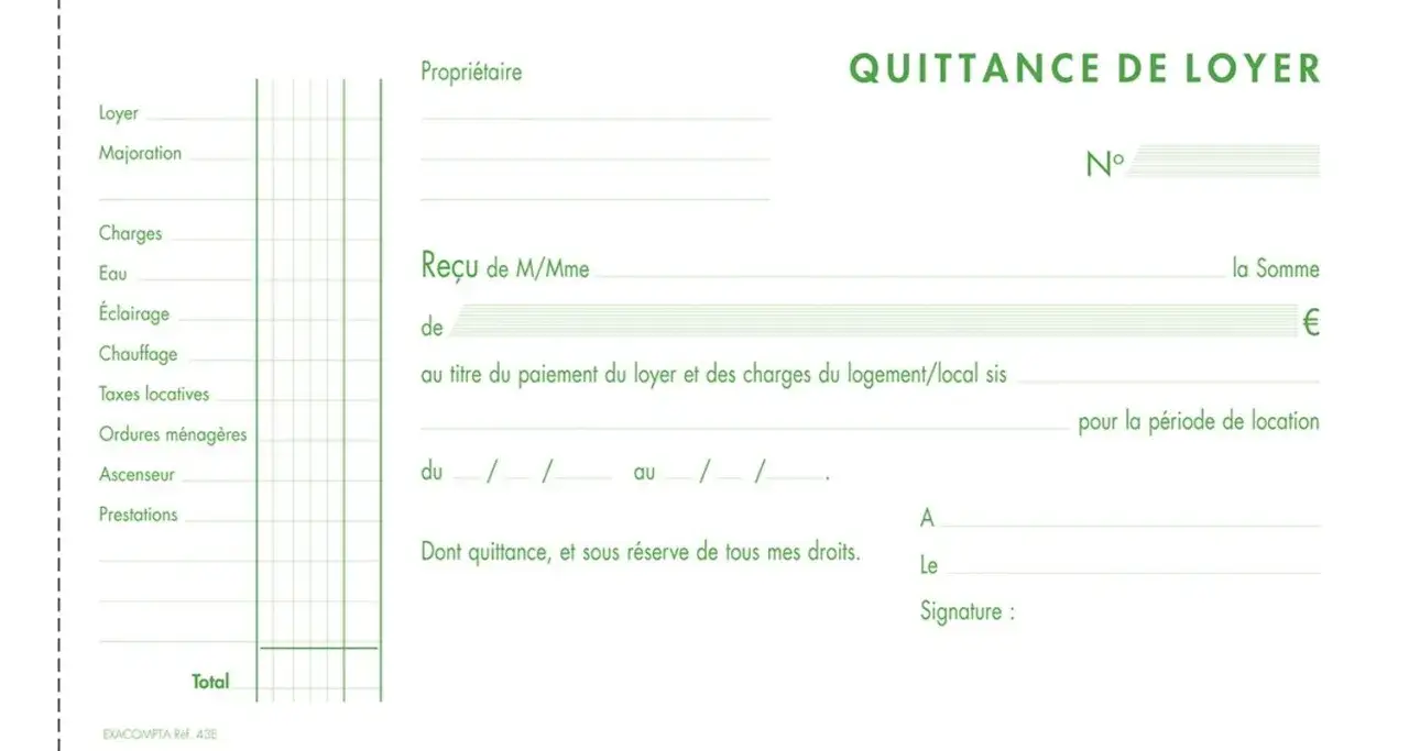 Quittance de loyer pour le paiement du loyer et des charges, avec détails des frais (eau, électricité, etc.) et espace pour la signature.