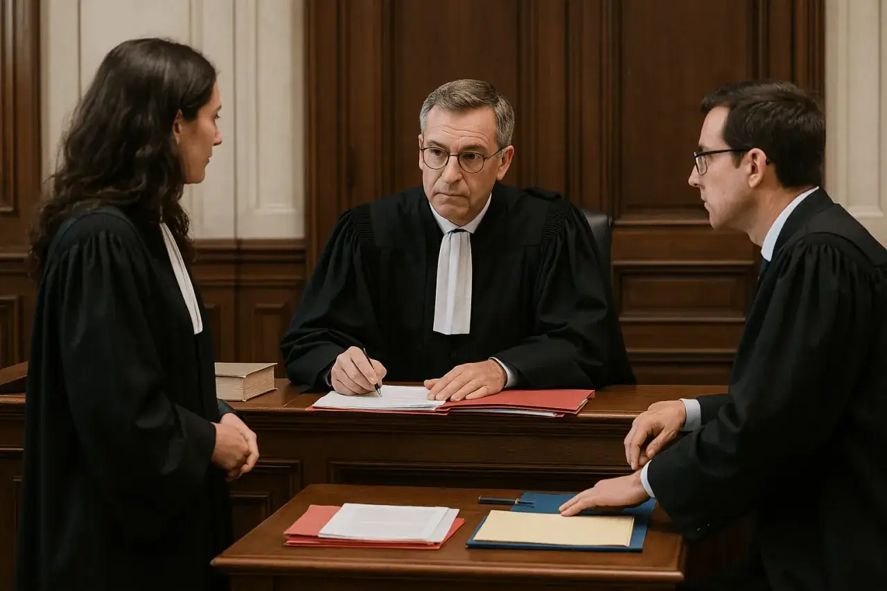 Un juge et deux avocats en robe discutent d'une assignation au tribunal pour loyers impay&eacute;s.