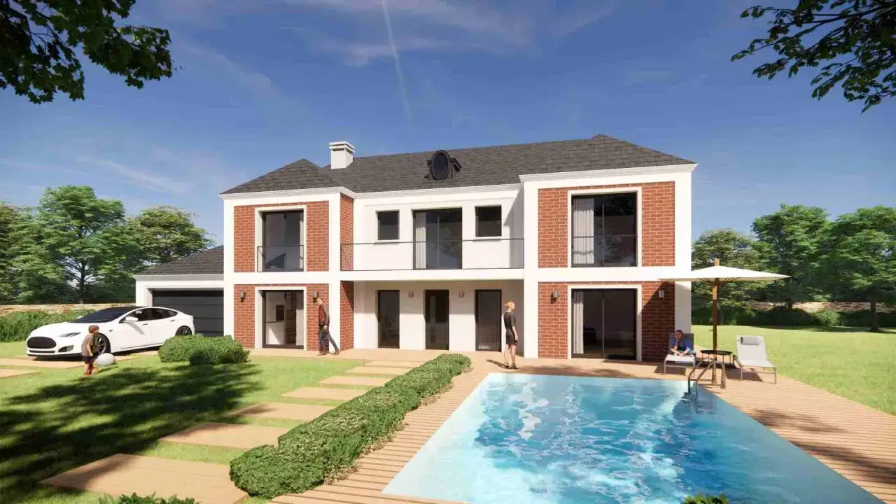 Maison moderne avec piscine, garage et voiture. Id&eacute;al pour vendre sa maison &agrave; un promoteur.