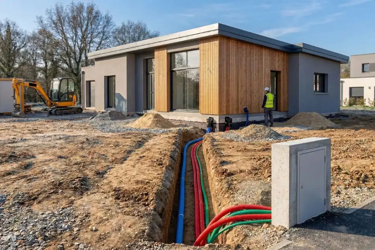 Chantier de construction d'une maison moderne avec tranchées et câbles colorés. Un ouvrier supervise les travaux, une pelleteuse jaune est visible. Ces frais annexes construction maison sont essentiels.