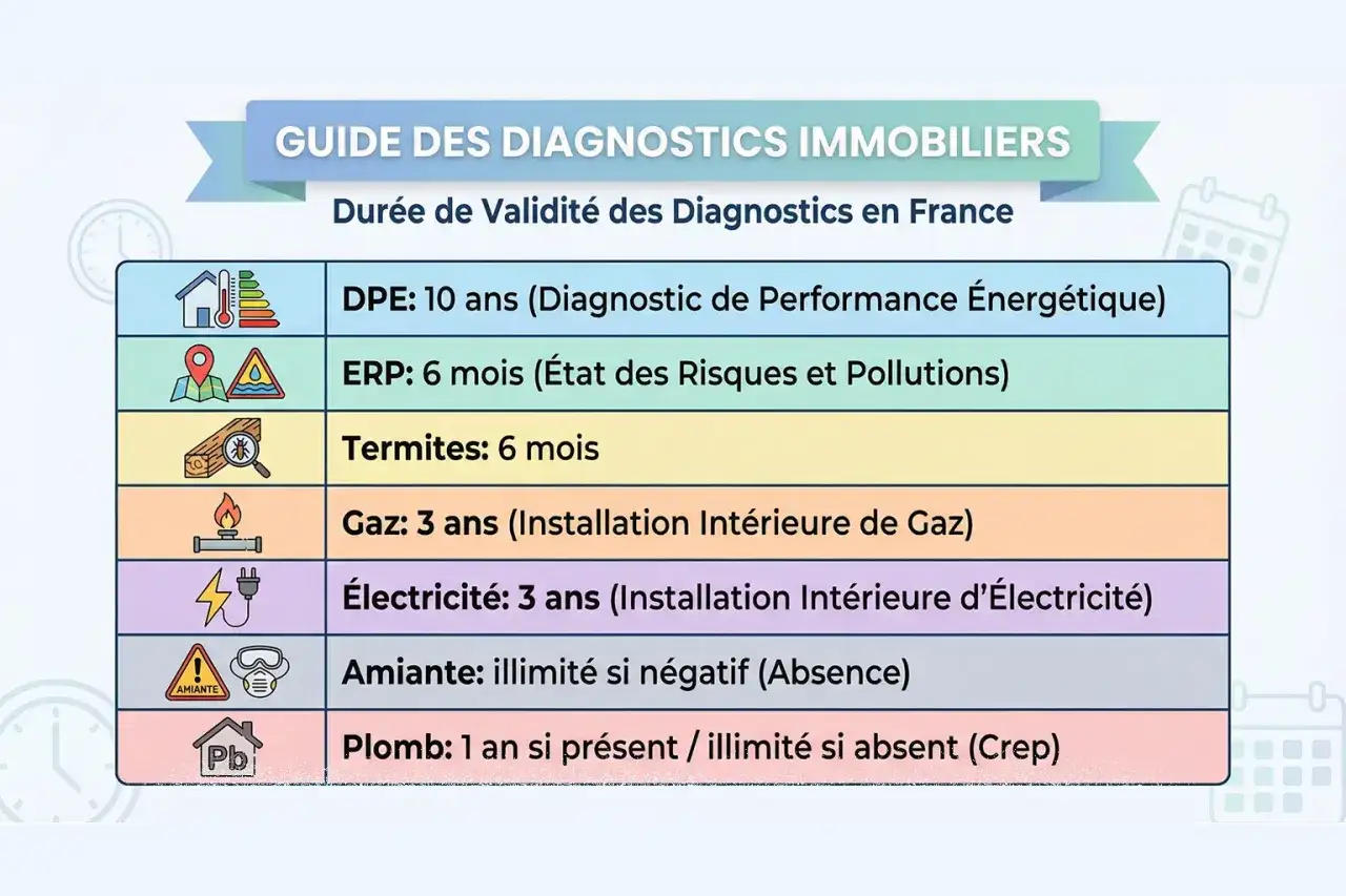 Guide des diagnostics immobiliers : dur&eacute;e de validit&eacute; des DPE, ERP, termites, gaz, &eacute;lectricit&eacute;, amiante et plomb. Un diagnostic immobilier offert par agence.