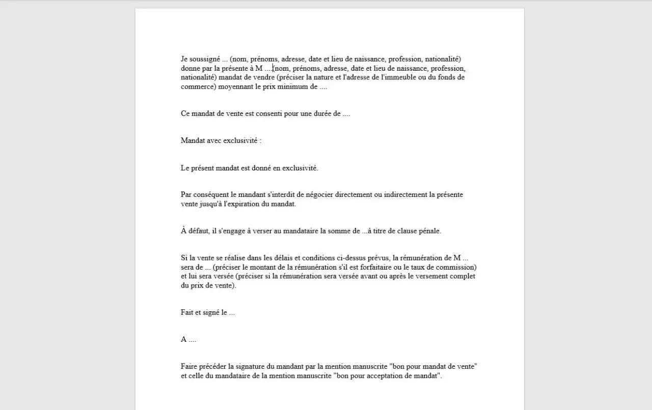 R&eacute;sum&eacute; loi Hoguet : document d&eacute;crivant un mandat de vente exclusif, ses conditions, la r&eacute;mun&eacute;ration du mandataire et les clauses p&eacute;nales.