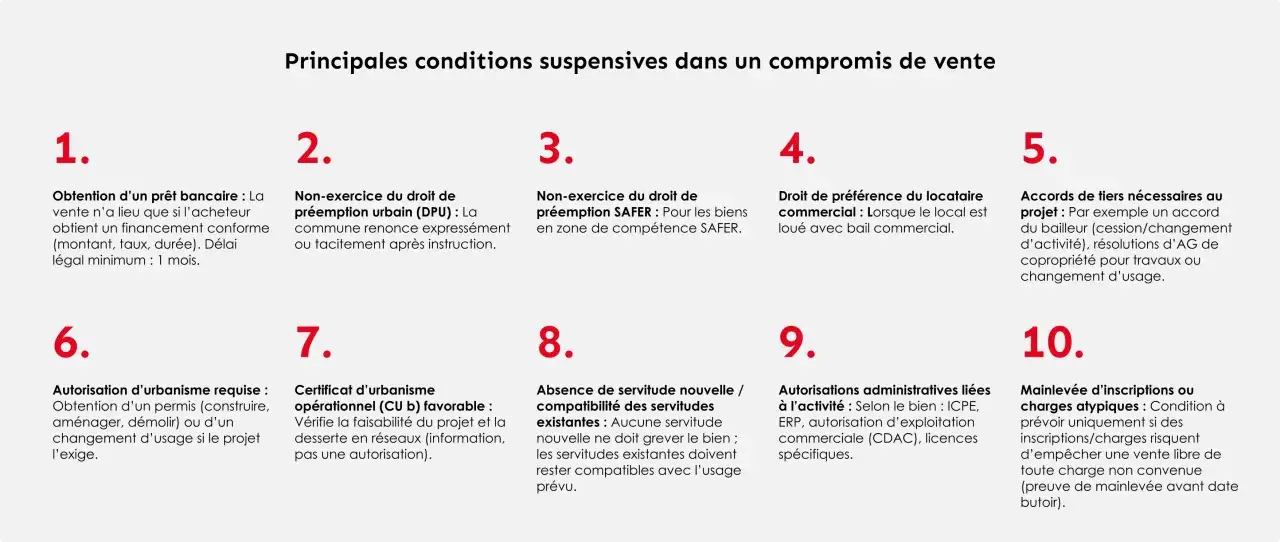 Principales conditions suspensives d'une vente immobili&egrave;re : obtention de pr&ecirc;t, absence de pr&eacute;emption, accord de locataire, etc. Une clause suspensive vente maison est essentielle.