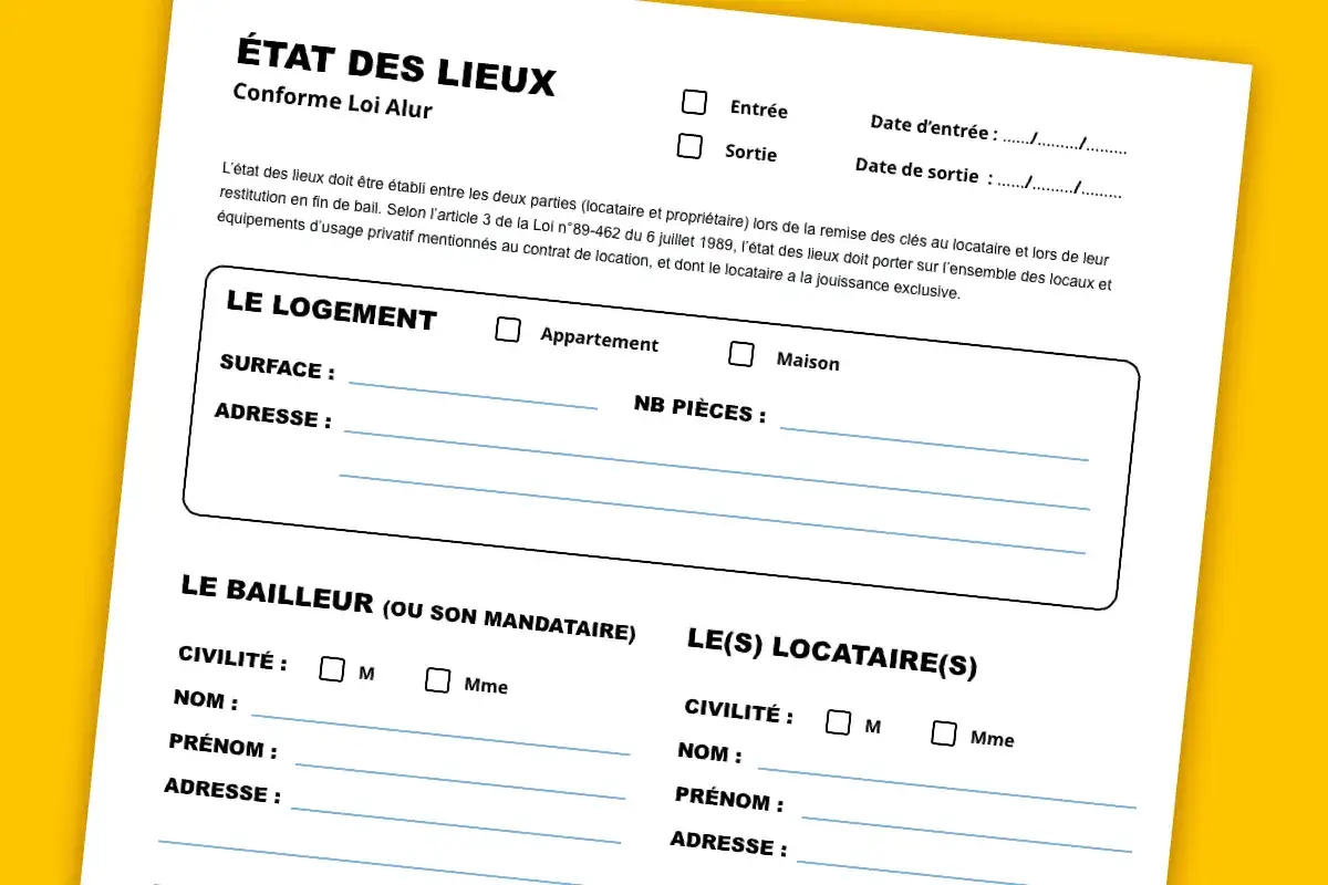 Document d'état des lieux de sortie pour un logement, avec champs pour les détails du bien, du bailleur et du locataire.