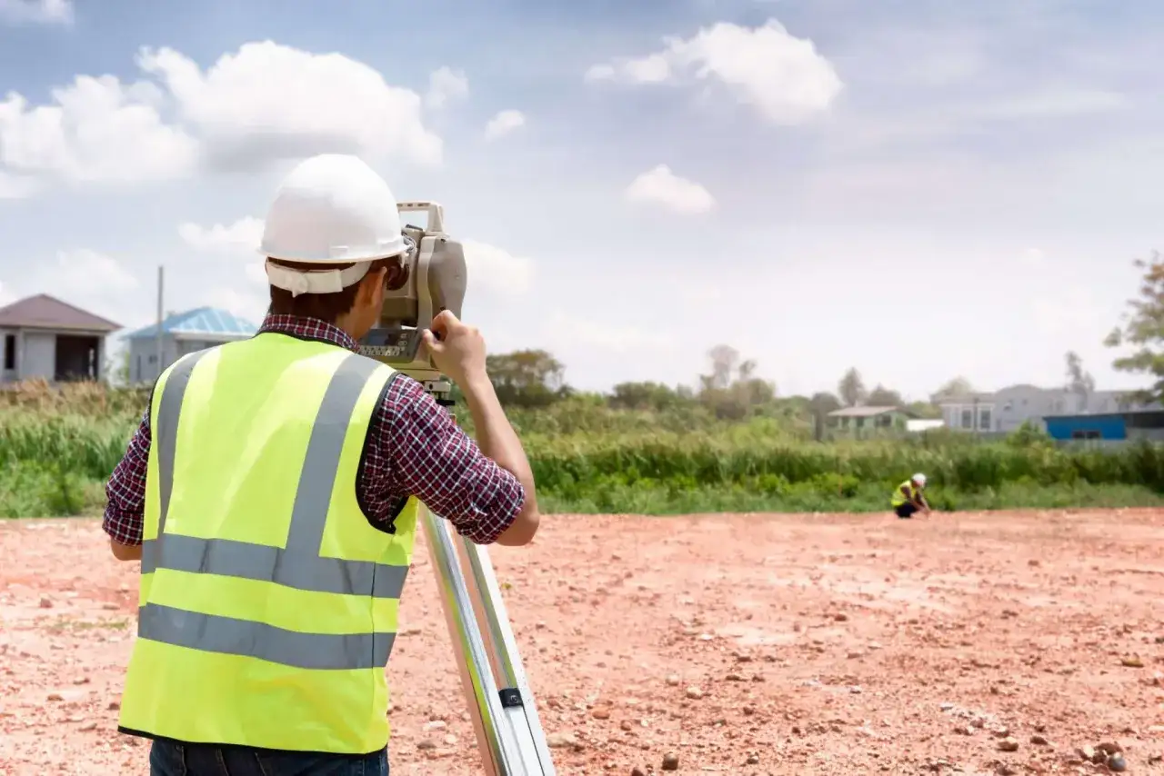 Topographe mesurant un terrain pour une future division. Ces relev&eacute;s sont essentiels pour calculer les frais de notaire pour division de terrain.