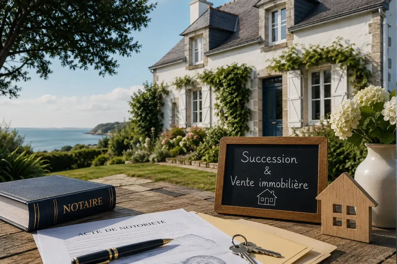 Une maison de campagne avec vue sur mer. Sur la table, un livre de notaire, des documents, des cl&eacute;s et un tableau noir annon&ccedil;ant 