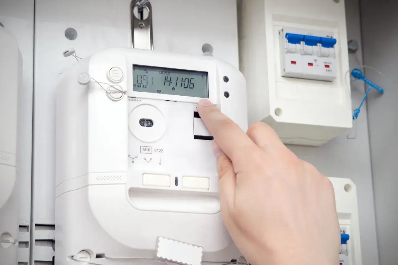 Main &eacute;lectrique avec un doigt appuyant sur un bouton. Id&eacute;al pour comprendre comment facturer l'&eacute;lectricit&eacute; au locataire.