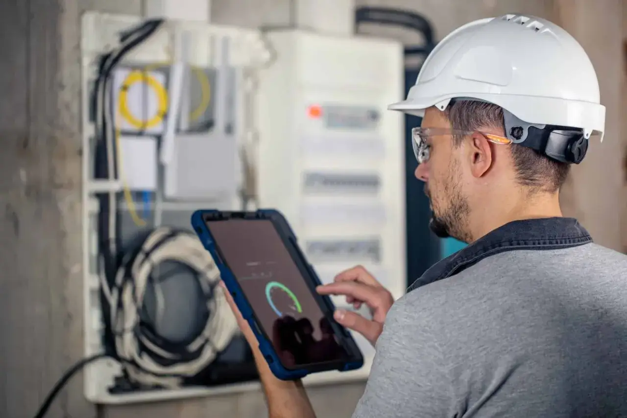 Technicien consultant une tablette pour la validit&eacute; du diagnostic &eacute;lectrique d'un tableau de communication.