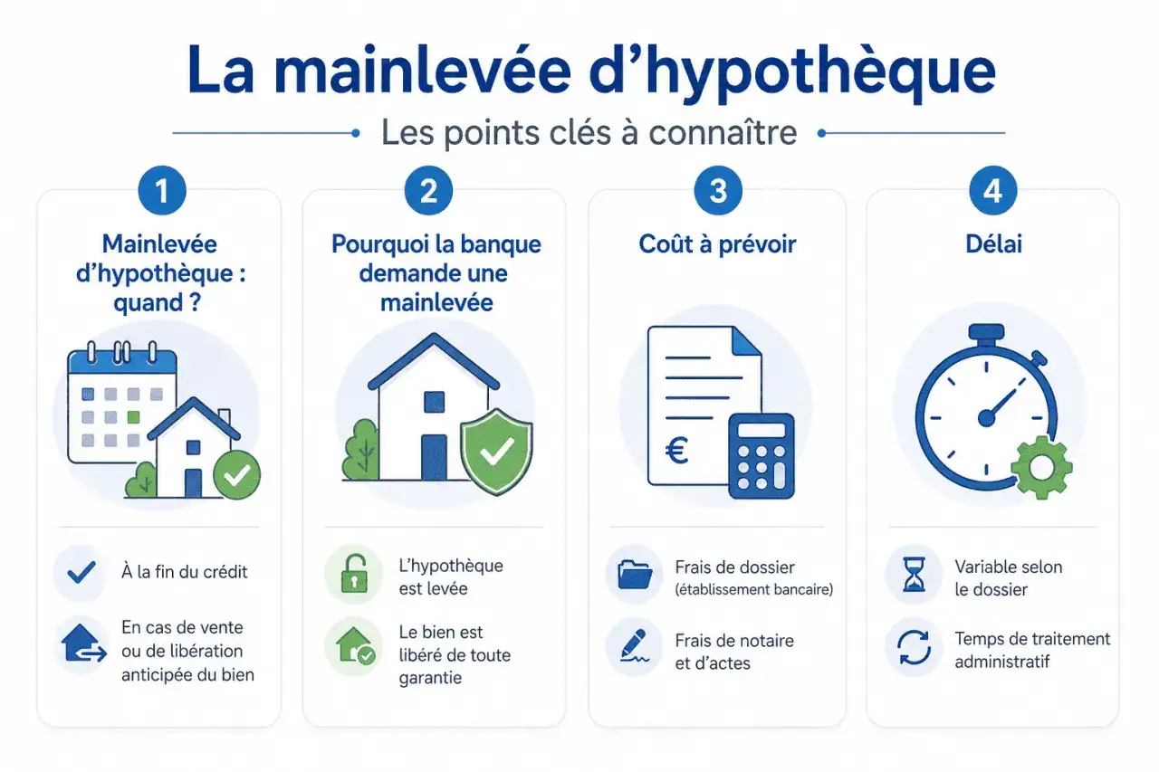 Infographie expliquant la lev&eacute;e d'hypoth&egrave;que automatique : quand, pourquoi, co&ucirc;t et d&eacute;lai.