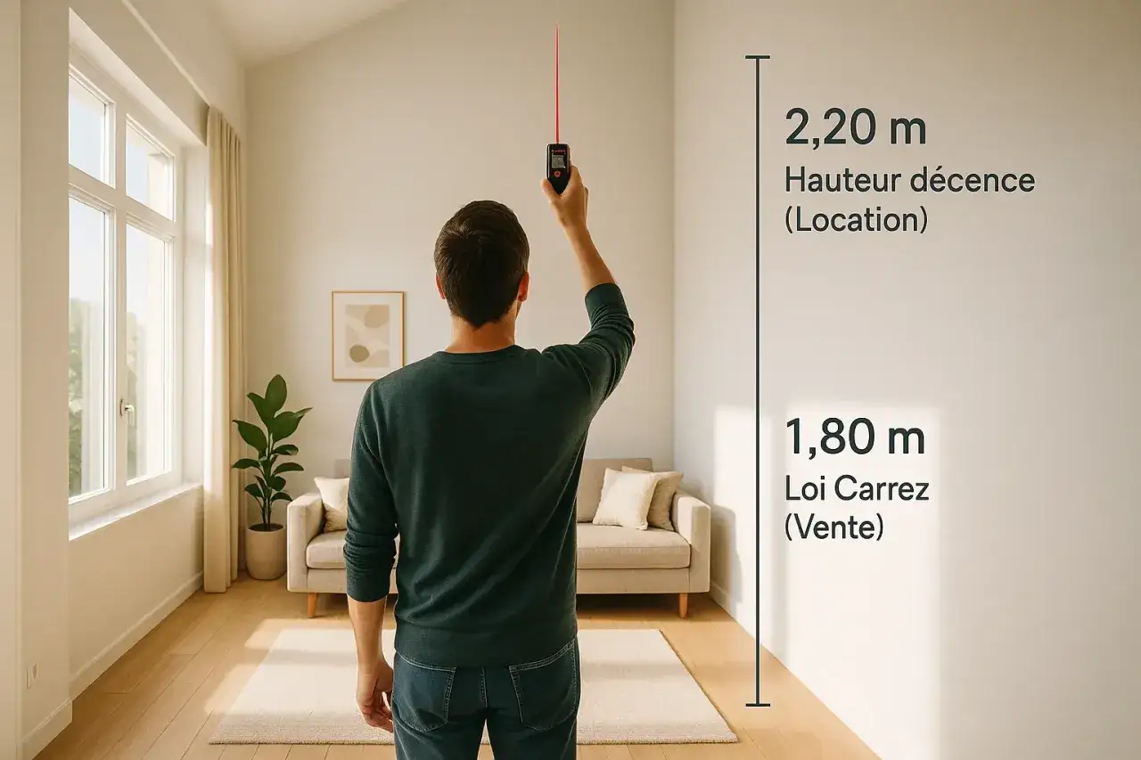 Un homme mesure la hauteur sous plafond d'un salon lumineux avec un t&eacute;l&eacute;m&egrave;tre laser. Les mesures indiquent 2,20 m pour la d&eacute;cence locative et 1,80 m pour la loi Carrez.