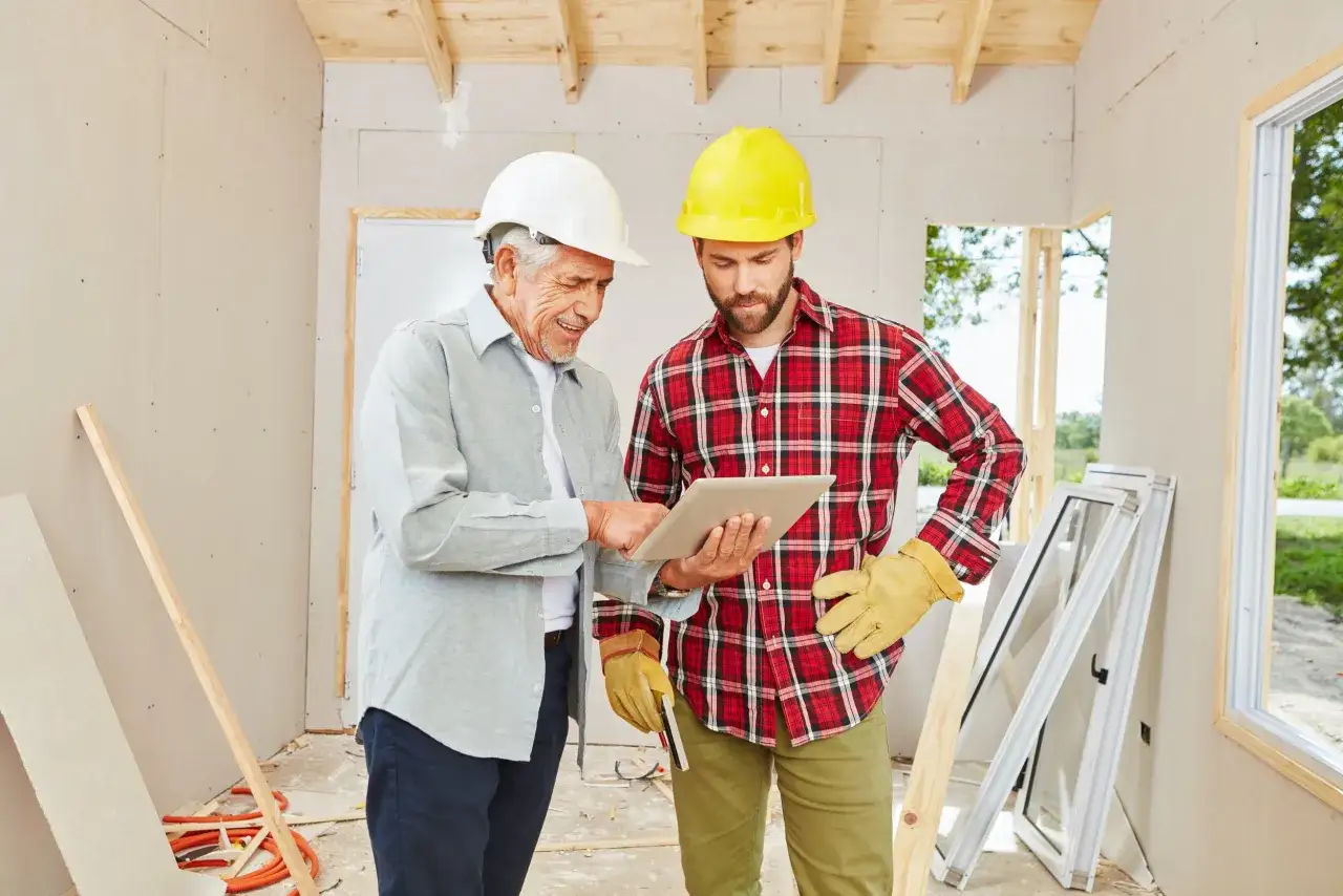 Deux ouvriers discutent sur une tablette dans une maison en construction. L'un semble m&eacute;content, peut-&ecirc;tre &agrave; cause d'un acompte encaiss&eacute; pour des travaux non r&eacute;alis&eacute;s.
