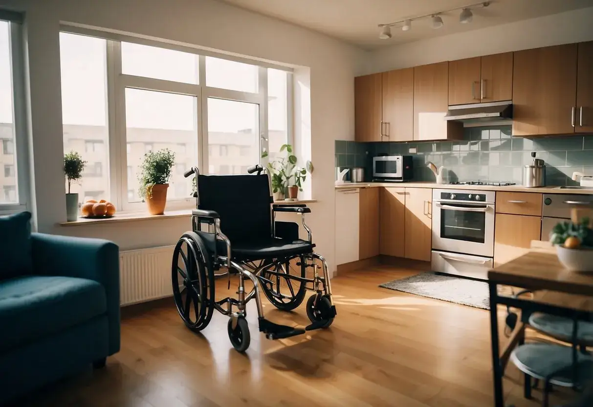 Un fauteuil roulant est pr&ecirc;t dans un appartement lumineux, id&eacute;al pour un logement PMR en location.