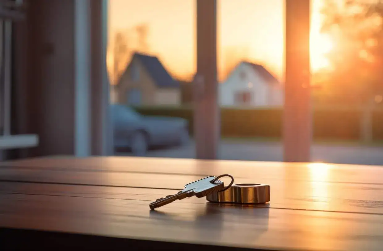 Clés sur une table en bois, symbolisant un prêt consommation pour achat immobilier. Au loin, des maisons et un coucher de soleil.