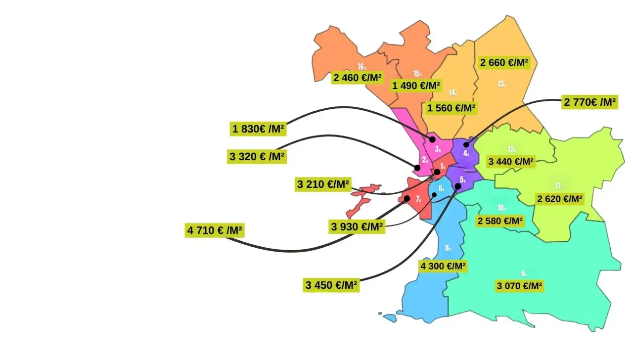 Carte des prix immobiliers &agrave; Marseille. Le quartier 7, &agrave; 4710&euro;/m&sup2;, semble &ecirc;tre le meilleur quartier marseille pour investir.
