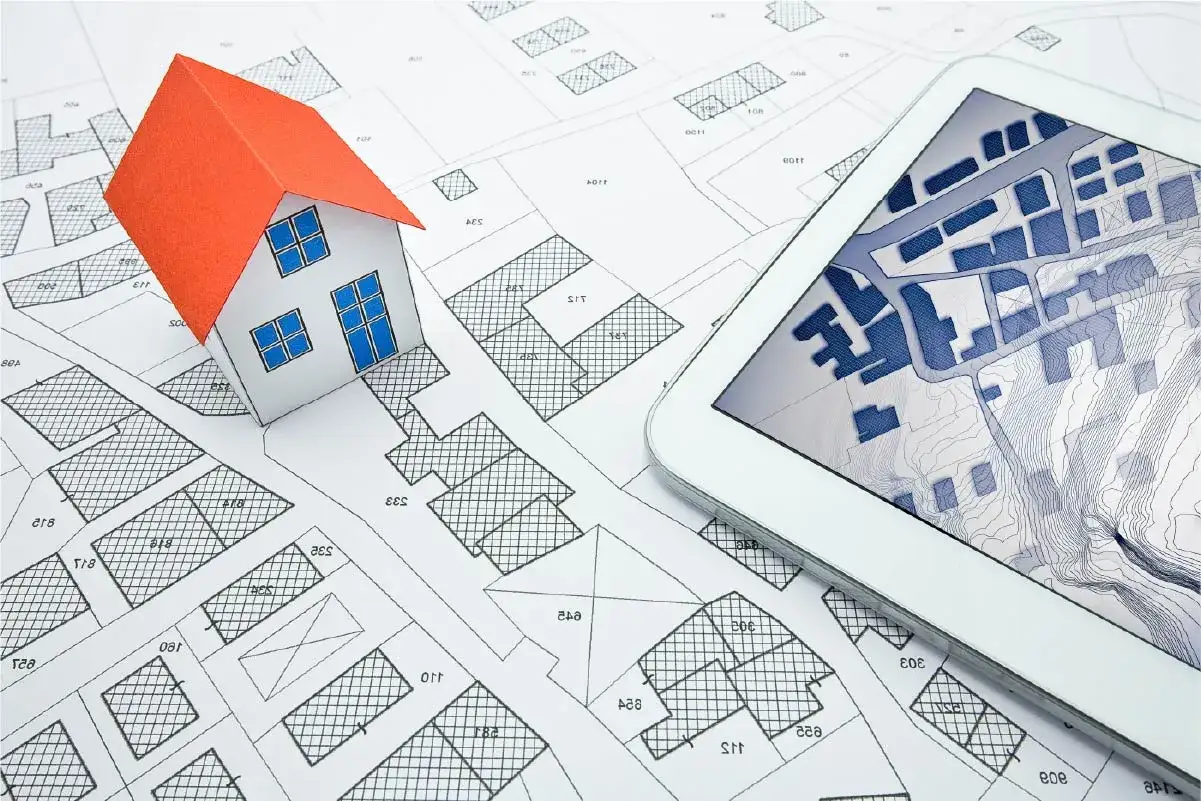 Mod&egrave;le de maison sur un plan cadastral, avec une tablette affichant une carte. Cela &eacute;voque la question : quelle condition pour mettre un mobil-home sur son terrain ?