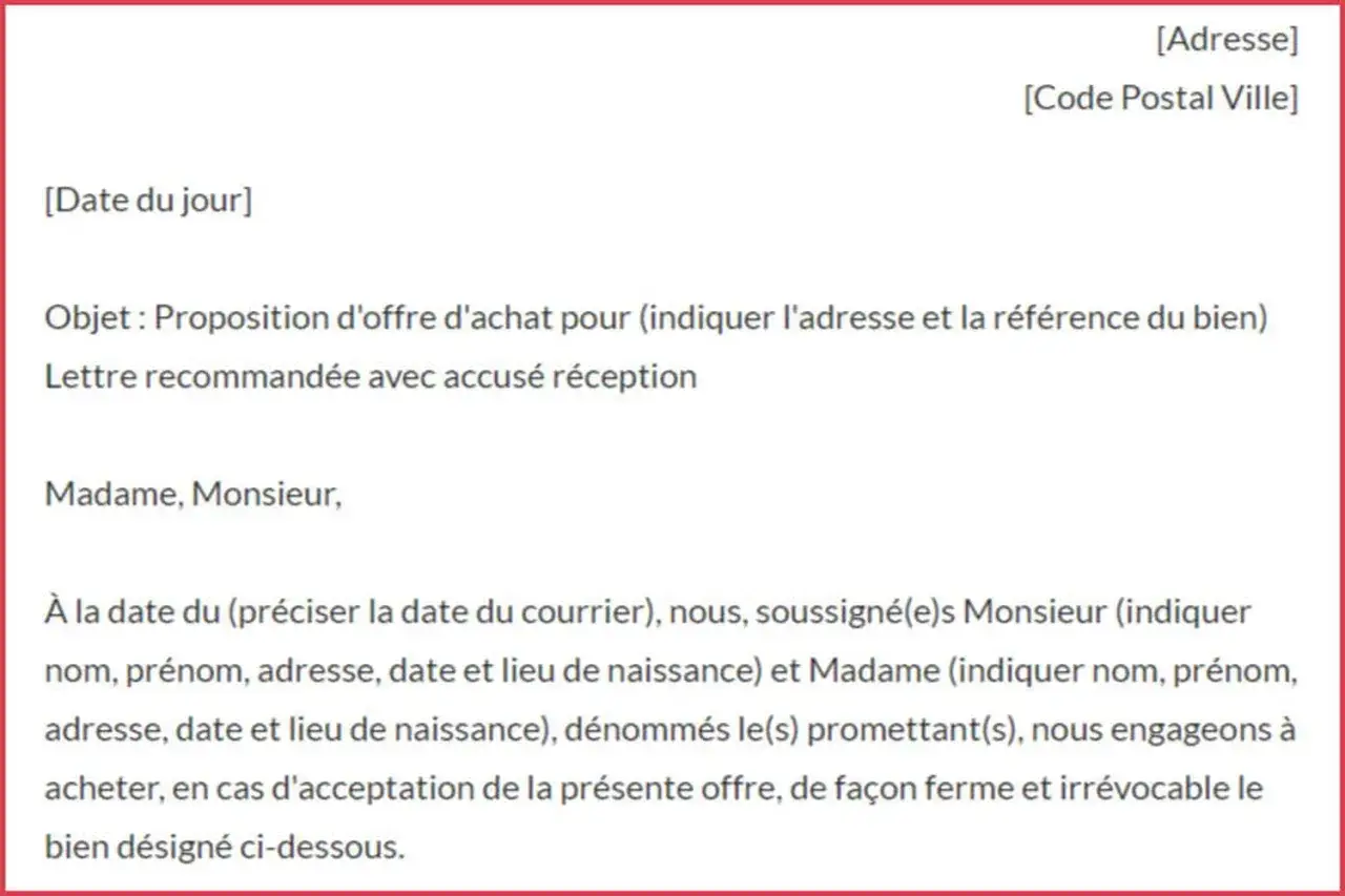 Exemple d'offre d'achat immobilier. Ce document officiel d&eacute;taille une proposition ferme et irr&eacute;vocable pour l'acquisition d'un bien.