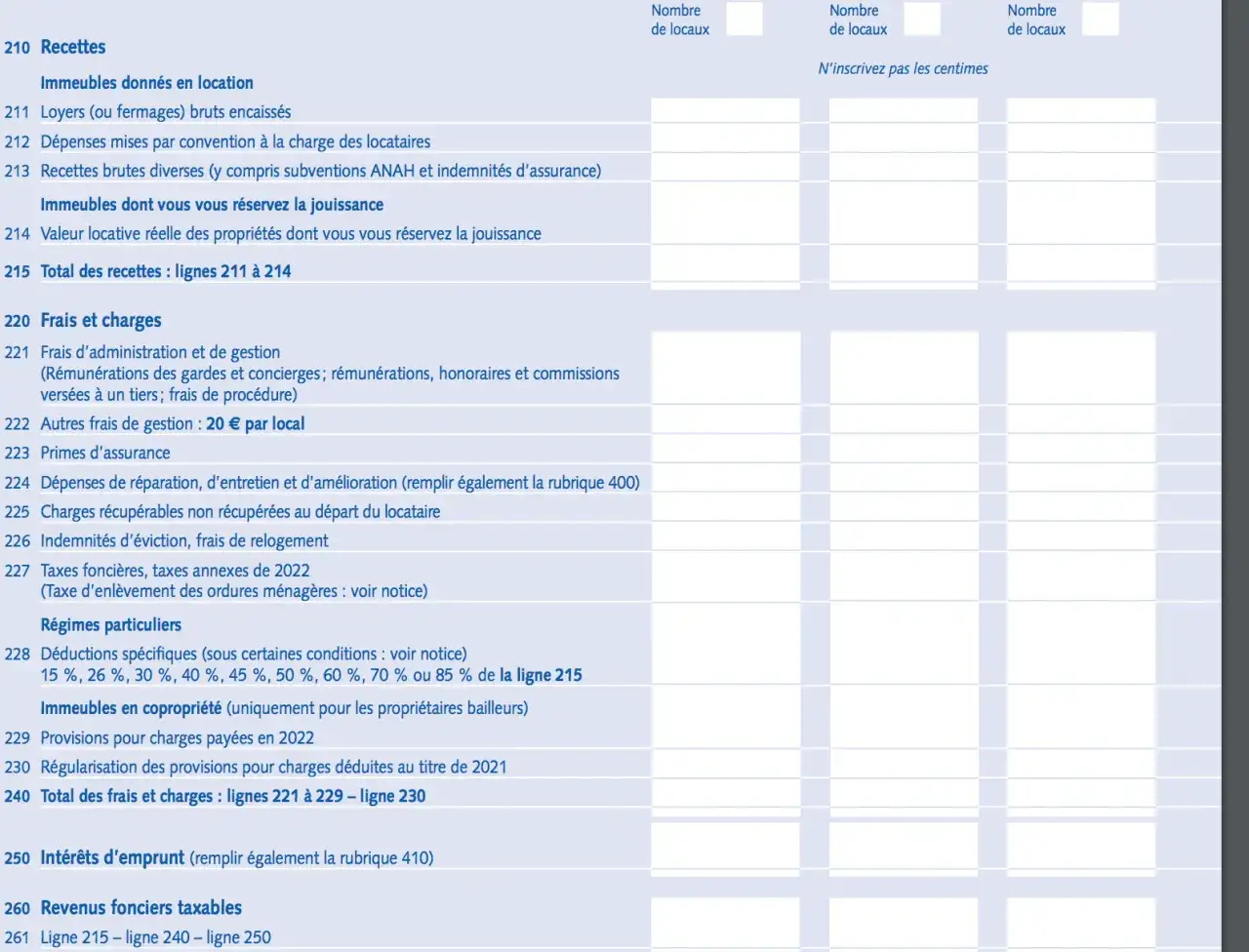 Tableau des revenus fonciers. Aide &agrave; comment d&eacute;duire la CSG d&eacute;ductible des imp&ocirc;ts en listant recettes et charges.