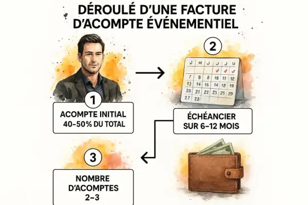 Schéma d'une facture avec un acompte initial de 40-50%, un échéancier sur 6-12 mois et 2-3 acomptes.