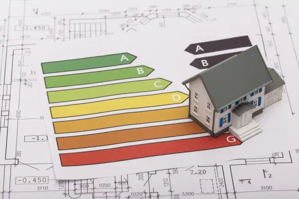Maquette de maison ancienne sur des plans, avec un barème DPE. Le prix d'une maison ancienne dépend de sa performance énergétique.